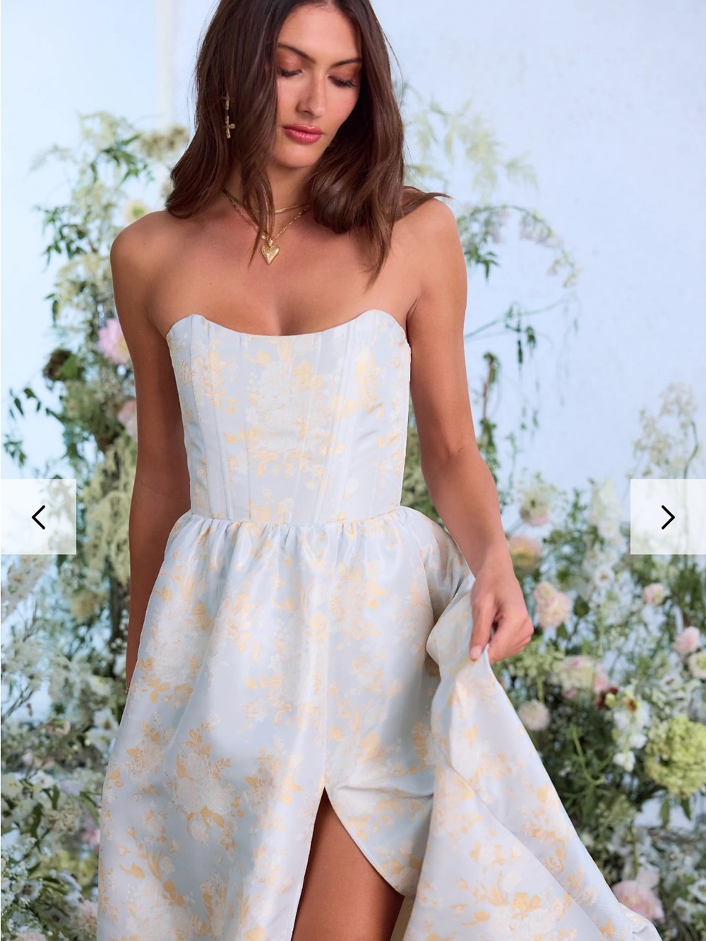Strapless Light Blue & Gold Floral Sweetheart Maxi Dress - Picture 4 of 16